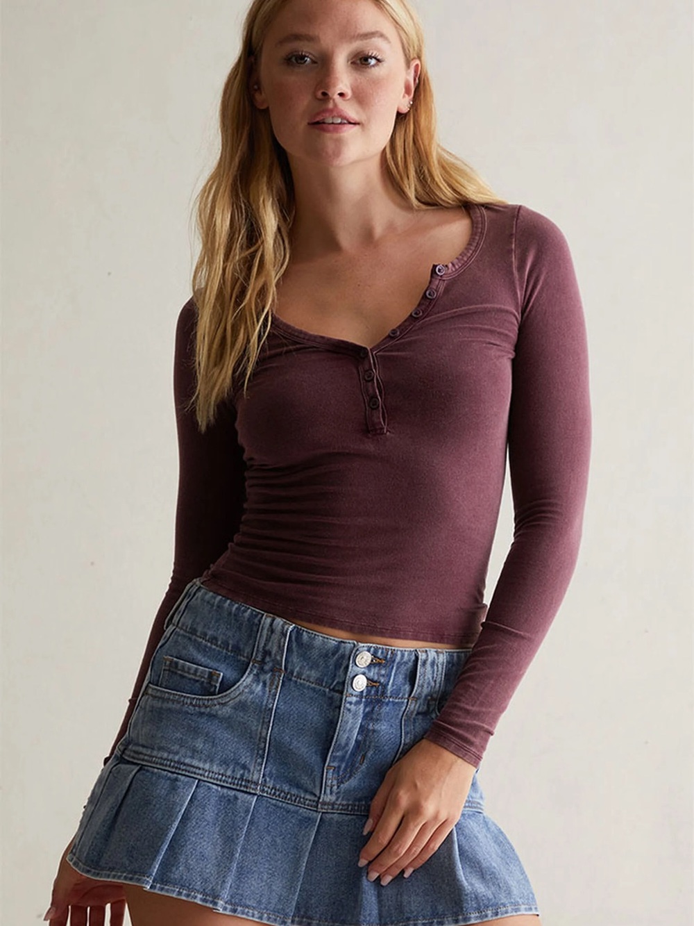PacSun Burgundy Long Sleeve Button Henley Top